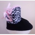 Adorable Ribbon Lace Up Black & Zebra Print Pink Faux Fur Boots
